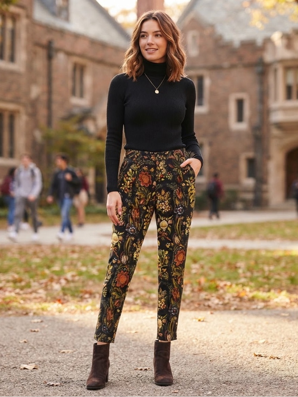 Desigual Women's 34 Black Viscose Floral Leaf Pleated Ankle Trouser Pants